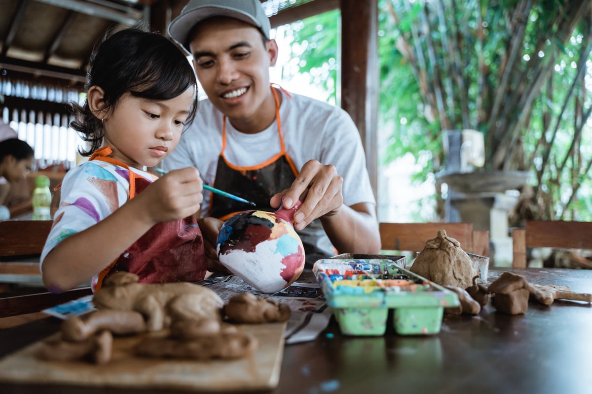 Father and Child Painting Pottery Goods